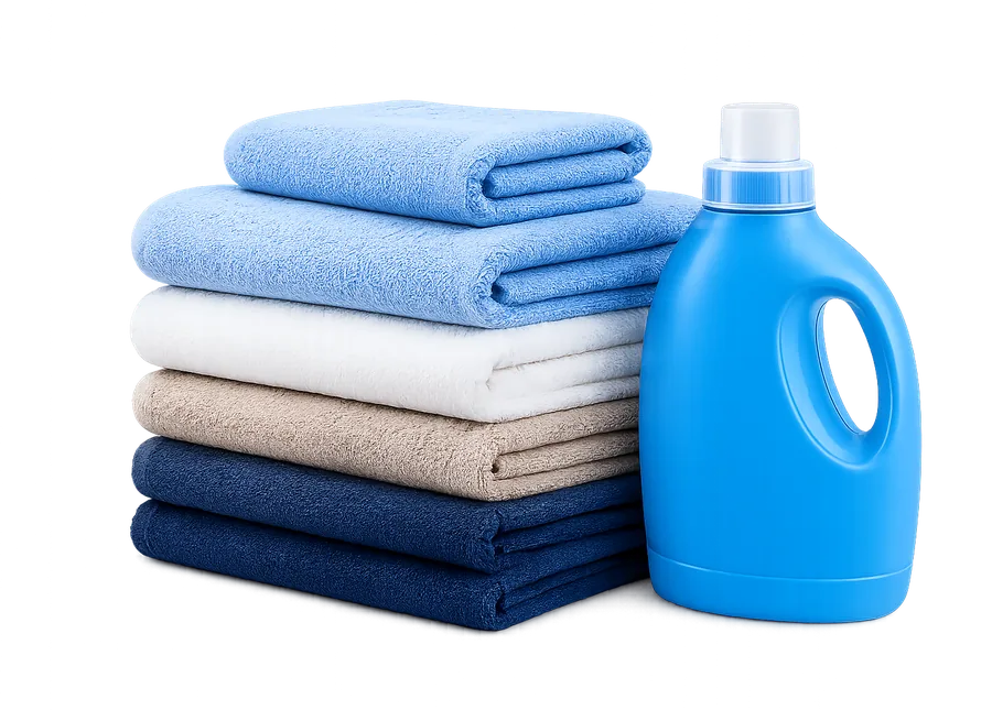 A stack of freshly washed folded towels next to a blue bottle of laundry detergent